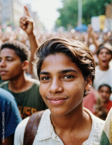 Brown hispanic Indian boy at a youth protest, diverse youth crowd protesting, political group, high resolution photo, a sense of joyful rebellion and protest against political issues and human rights