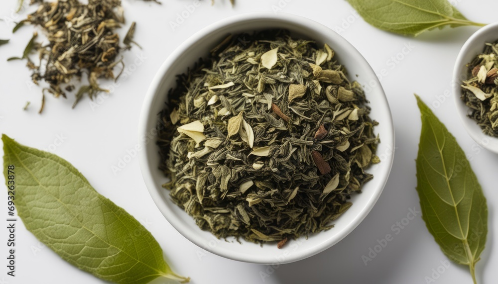 A bowl of herbs and leaves on a table A bowl of herbs and leaves on a table