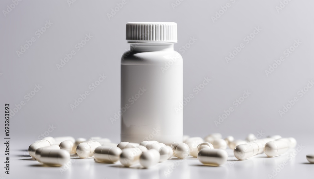 A bottle of pills with a white cap sits on a table with many pills surrounding it A bottle of pills with a white cap sits on a table with many pills surrounding it