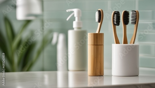 A white counter with toothbrushes and toiletries photo