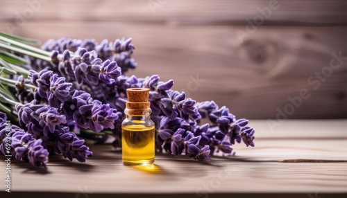 A bottle of lavender oil sits on a wooden table next to a bunch of purple flowers