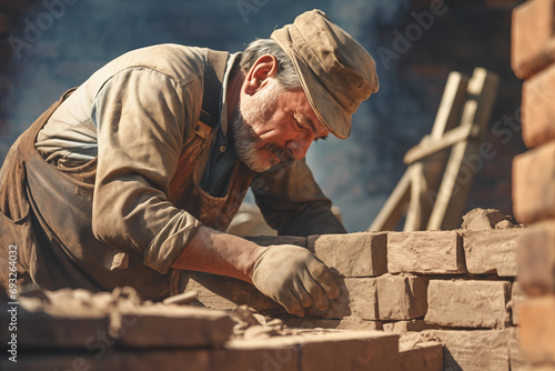 bricklayer at a construction site building a wall with bricks. Generative AI