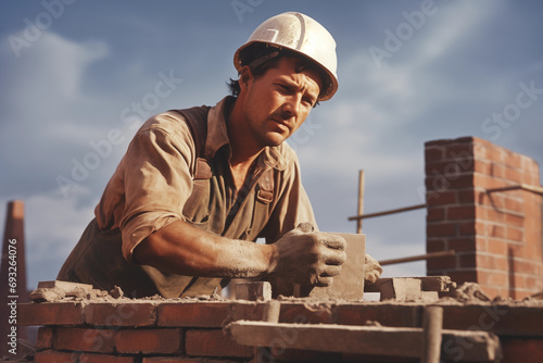 bricklayer building a wall with bricks at a construction site. Generative AI photo
