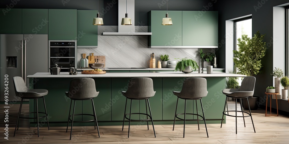 Modern kitchen with island and chairs, ed in , featuring green and gray tones. Modern kitchen with island and chairs, ed in , featuring green and gray tones.