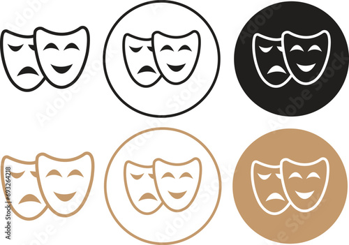 Line Theatrical mask icons Set. Theater, theatre mask signs. Happy and unhappy traditional symbols of theaters. Comedy and tragedy mask symbols editable stock collection on transparent background.
