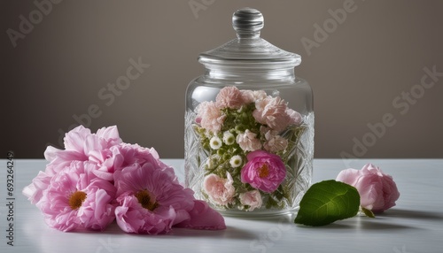 A glass jar with pink flowers and a green leaf