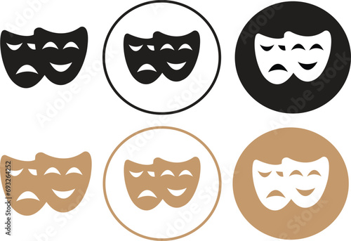 Fill Theatrical mask icons Set. Theater, theatre mask signs. Masquerade masks. Happy and unhappy traditional symbols of theater. Comedy and tragedy mask symbols isolated on transparent background.