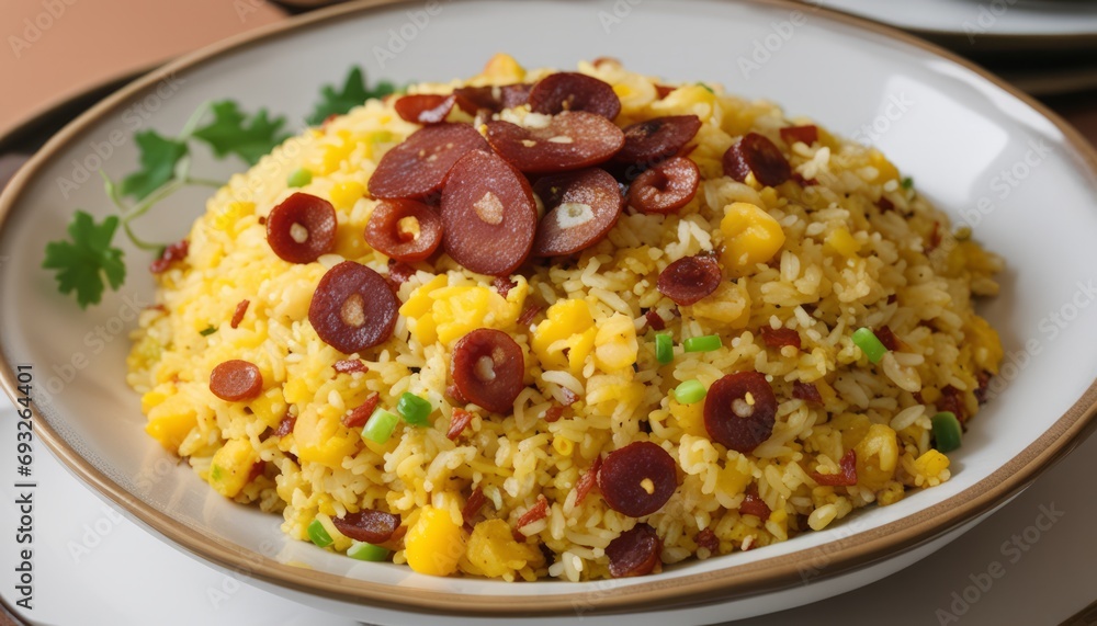 A plate of rice with peppers and sausage on top