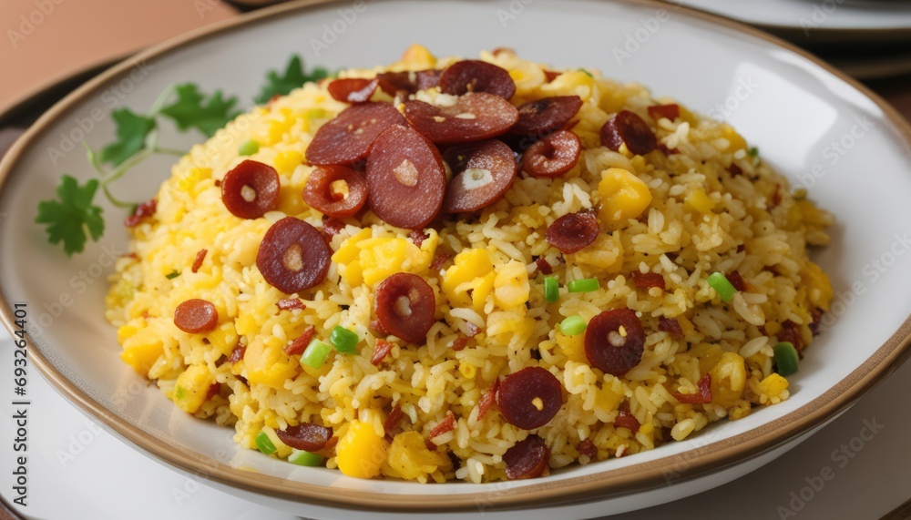 A plate of rice with peppers and sausage on top A plate of rice with peppers and sausage on top