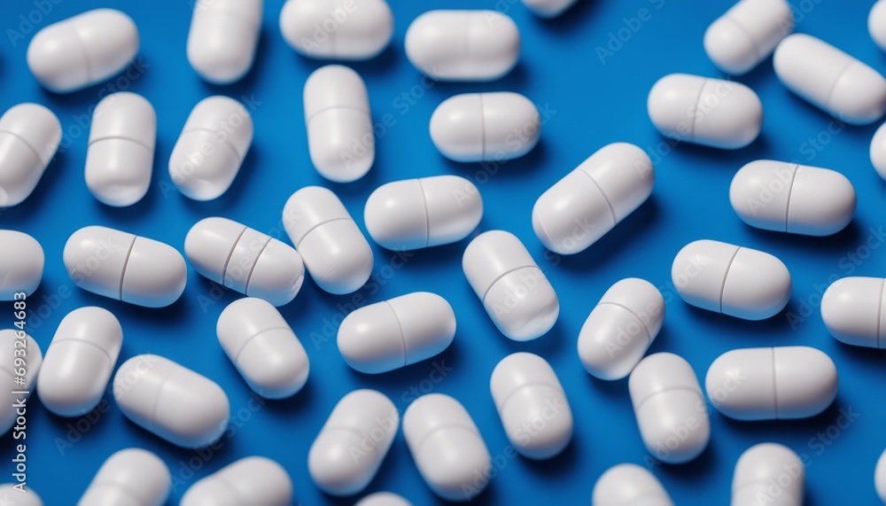 A pile of white pills on a blue background A pile of white pills on a blue background