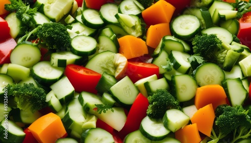 A close up of a variety of vegetables including carrots, broccoli, cucumbers, and peppers
