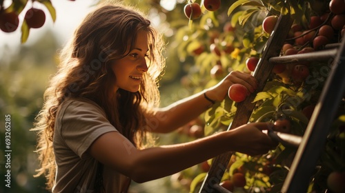 portrait of young woman in orchard picking apples from tree on ladder photo