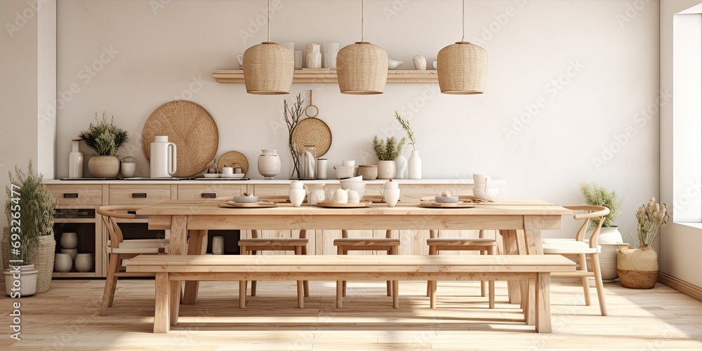 Obraz na płótnie Wooden Scandinavian boho style dining table and kitchen. White and beige table setting. Country bohemian interior design in . w salonie