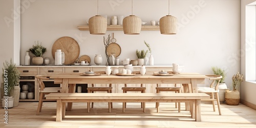 Wooden Scandinavian boho style dining table and kitchen. White and beige table setting. Country bohemian interior design in .