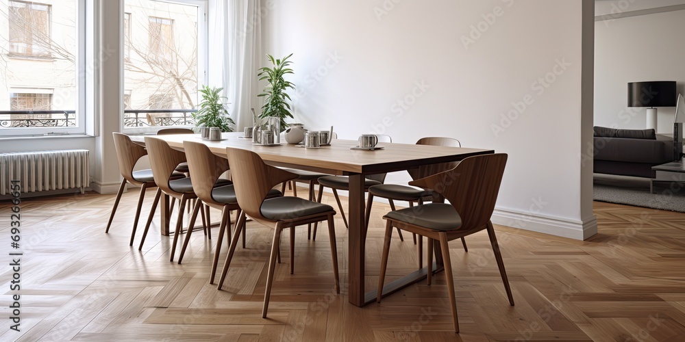 Modern apartment with empty chairs arranged on parquet floor around large wooden table in dining room