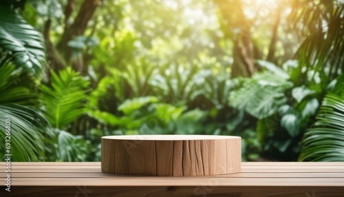 A wooden log on a wooden bench in a forest