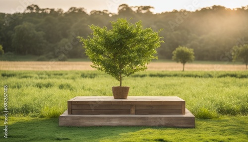 A small tree in a pot on a concrete block