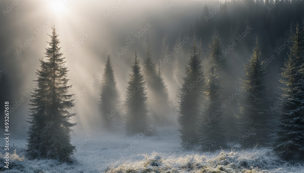Fototapeta premium A forest of trees covered in snow and fog