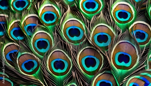 A peacock's feathers are on display, showing off their beautiful blue and green eyes © vivekFx