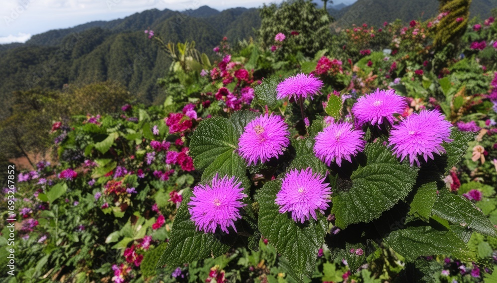 Obraz premium A purple flower with green leaves
