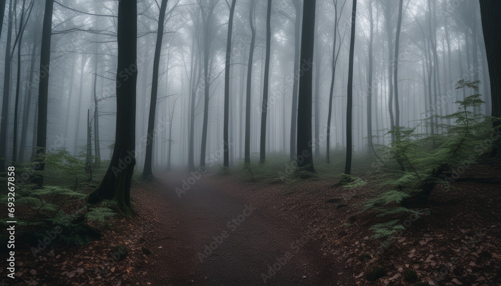 Fototapeta premium A foggy forest path with trees on both sides