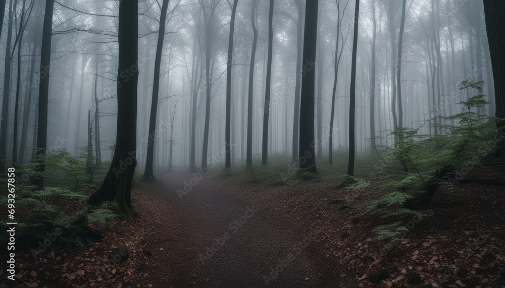A foggy forest path with trees on both sides