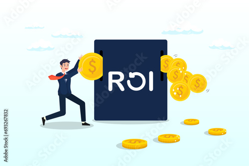 Businessman invest money coin in ROI box to get return profit, ROI, return on investment performance measure from cost invested and profit efficiency, marketing cost to get campaign success (Vector)