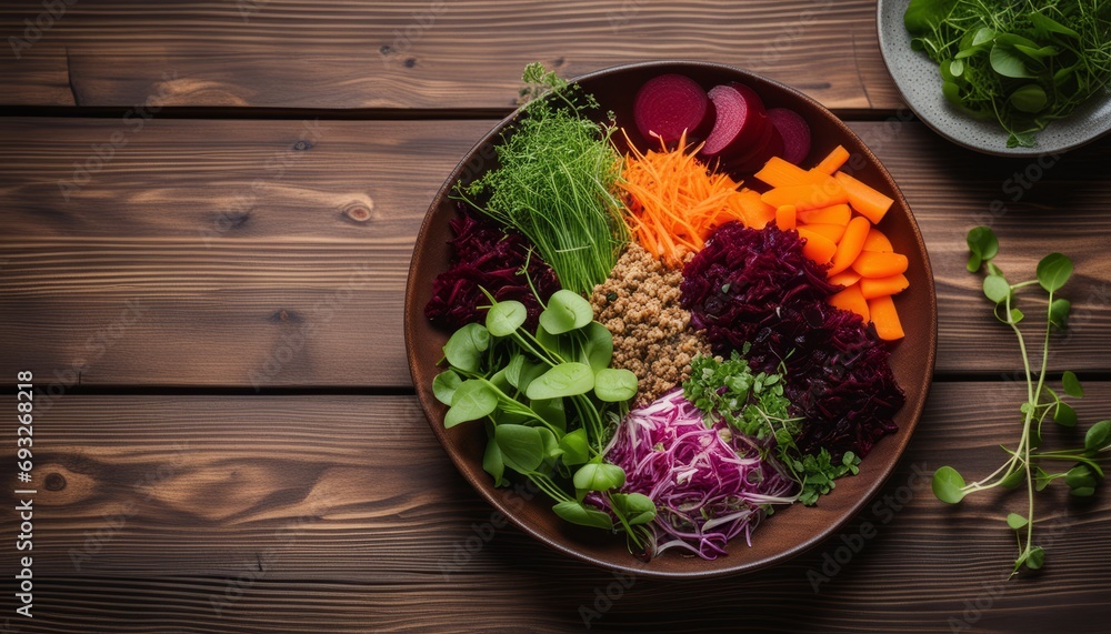 A wooden table with a bowl of vegetables on it A wooden table with a bowl of vegetables on it