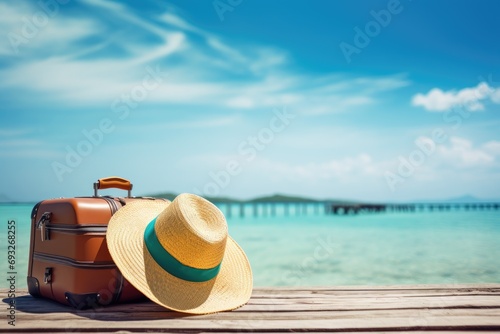 luggage and summer hat on the beach, vacation and travel concept