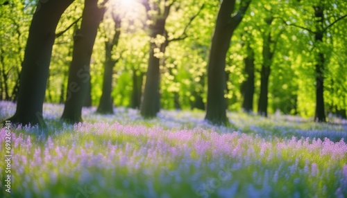 A beautiful forest with trees and purple flowers