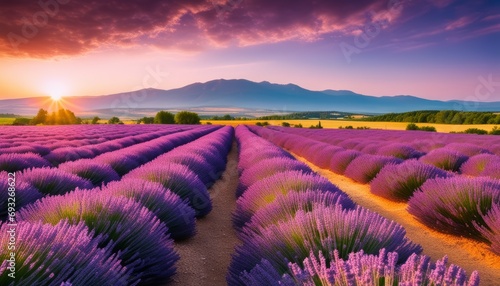 A beautiful sunset over a field of purple flowers