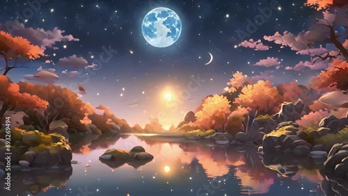 Nestled edge Astral Alcove Echoed Whispers small pond, surface rippling with reflections stars above. water glows with otherworldly hue, pulsing shimmering alive. Perched 2d animation photo