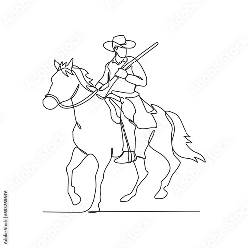 One continuous line drawing of a cowboy is riding a horse while holding a gun vector illustration. cowboy design illustration simple linear style vector concept. cowboy vector design for asset.