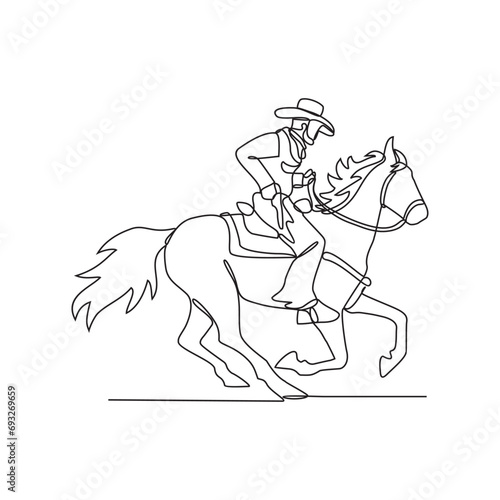 One continuous line drawing of a cowboy is riding a horse while holding a gun vector illustration. cowboy design illustration simple linear style vector concept. cowboy vector design for asset.