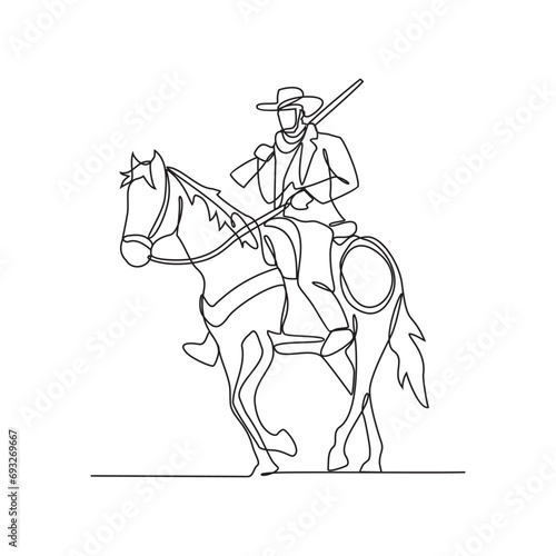 One continuous line drawing of a cowboy is riding a horse while holding a gun vector illustration. cowboy design illustration simple linear style vector concept. cowboy vector design for asset.
