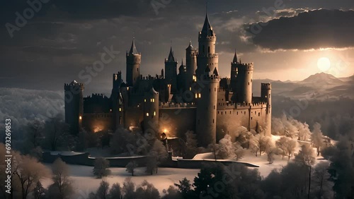 From highest tower Candlelit Castle, breathtaking view surrounding landscape bathed gentle candlelight. ancient battlements turrets silhouetted against dark sky, giving 2d animation