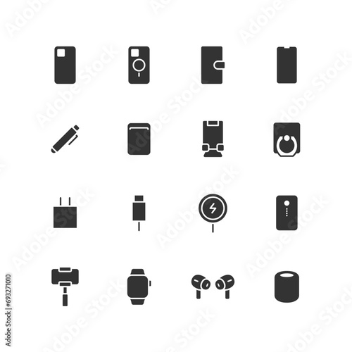 スマートフォンアクセサリーのモノクロアイコンセット