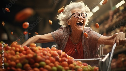 illustration of happy excited old woman granny and shopping cart buying in mall photo