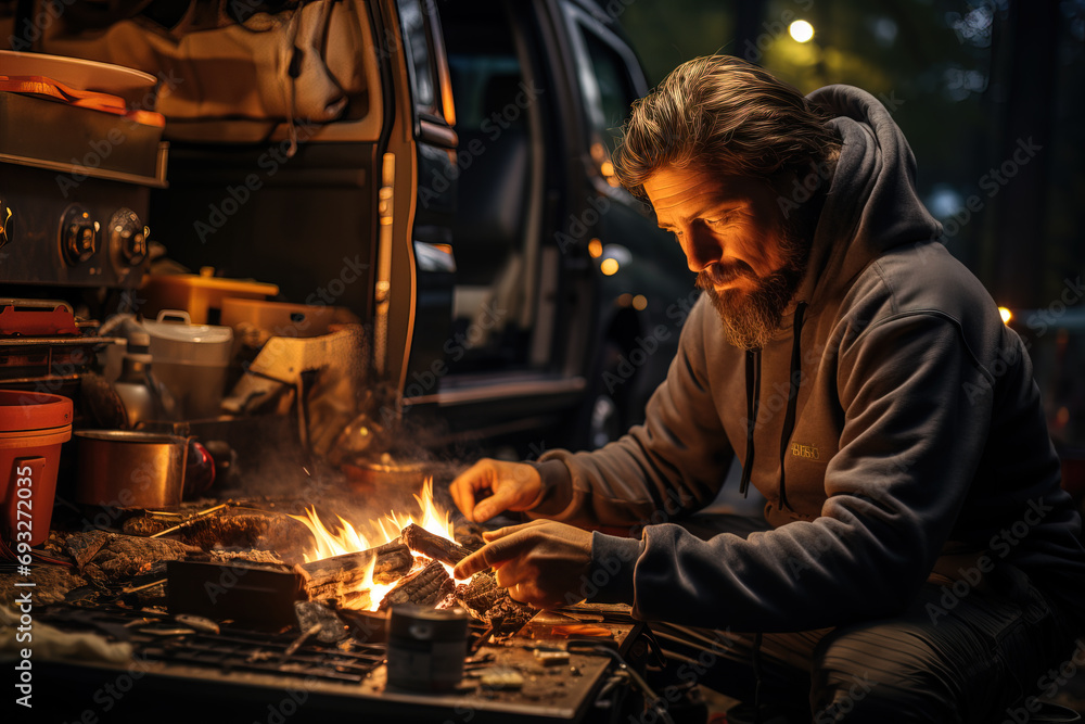 A camper cooking over an open flame. A camper cooking over an open flame.