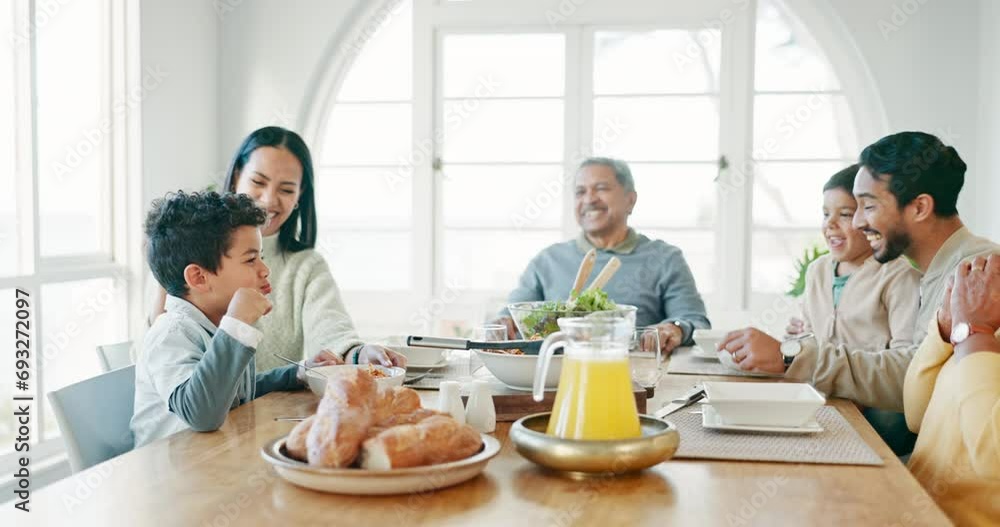 Happiness, family and generations with meal in home for quality time with conversation. Eat, grandparents and children with eating food on table with talking during lunch on in a house together. Happiness, family and generations with meal in home for quality time with conversation. Eat, grandparents and children with eating food on table with talking during lunch on in a house together.