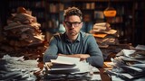 portrait of corporate young man in office with stacks and piles of paper documents