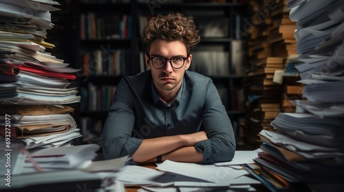 portrait of corporate young man in office with stacks and piles of paper documents photo