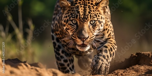 big cat  Panthera onca  moving stealthily through the untamed landscape.