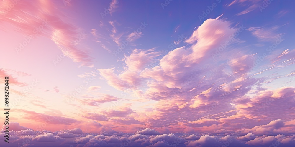 a stunning sunset sky painted in pastel pink and purple hues, adorned with fluffy clouds