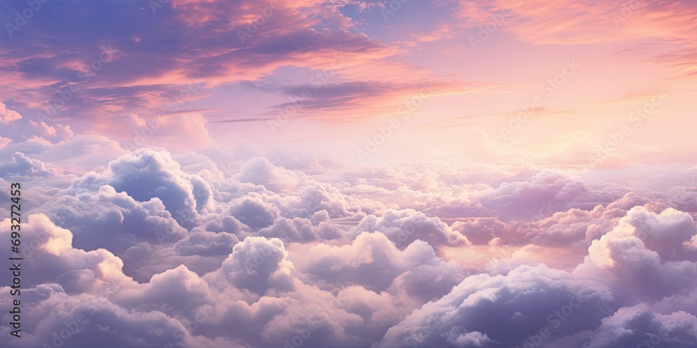 a stunning sunset sky painted in pastel pink and purple hues, adorned with fluffy clouds.