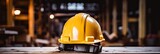 construction worksite health and safety yellow helmet on wooden table, generative AI