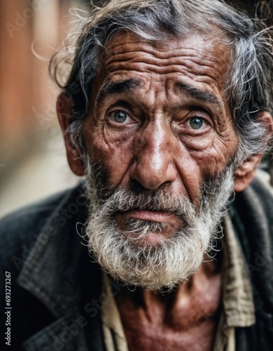 Photo of old man  homeless  closeup  weathered tired face     in high resolution