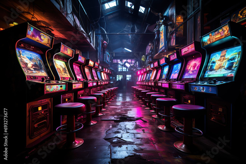 A vintage arcade machine amidst newer gaming consoles. © 22Imagesstudio