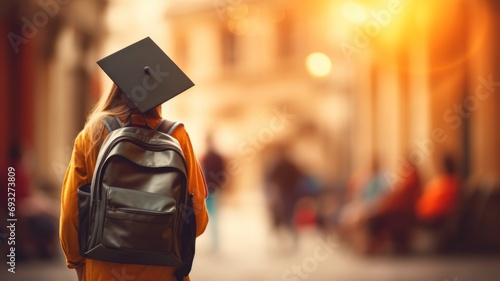 Successful child with graduation cap and backpack full of books, blurred background, copy space - generative ai