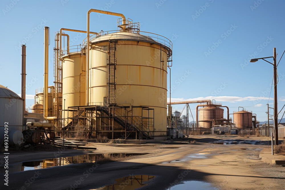 Obraz premium Aerial view of oil pipelines and storage tanks.